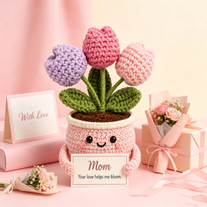 Plante en pot de tulipes au crochet fait main avec pot, décoration en fil pour la maison, cadeau - Product Image 1