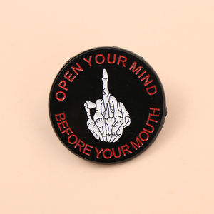 กะโหลกพังก์ให้นิ้วกลางด้วยตัวอักษรเปิดใจของคุณก่อนที่ปากของคุณเข็มกลัดโลหะเคลือบตลก - Product Image 6