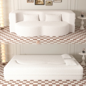 Modern Beige Floor <b>Sofa</b> Teddy Fabric Sponge-Filled Pillows Convertible 15" Full Size Folding Sleeper <b>Bed</b> Living Room - Product Image 1