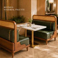 Bancs de restaurant en rotin tressé avec table en marbre et colonnes jumelles en laiton pour usage en hôtels et complexes hôteliers