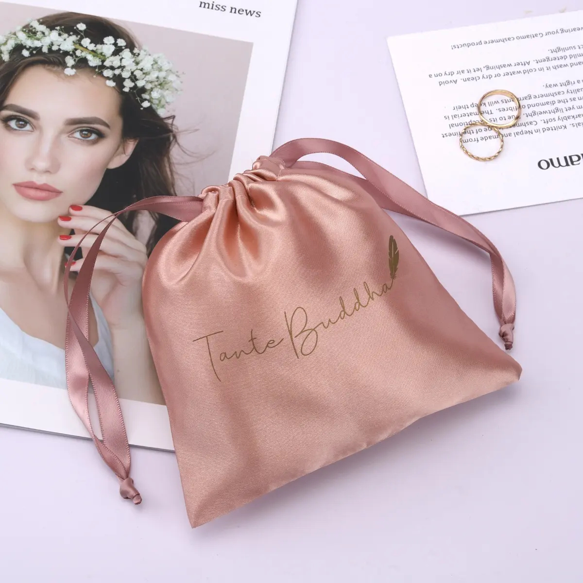 Custom Logo Printing Pink Satin Hair Extension Bag Matte Soft Drawstring Gift Dust Silk Pouch For Hair Packaging