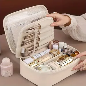 Bolsa de maquillaje portátil con capacidad multicapa, organizador de cosméticos de viaje desmontable, de PU Material, elementos esenciales de belleza, carta de almacenamiento - Product Image 1