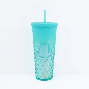24oz Acrylic Plastic Glitter Tumbler Cup Double Walled Plastic Studd-ed Grid Tumbler Plastic Diamond Tumbler with Lid andStraw
