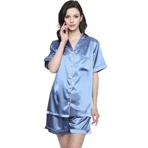 RTS de lujo suave sólido 21 colores de manga corta de seda pijamas de mujer pijama de satén conjunto de dos piezas ropa de dormir Pjs