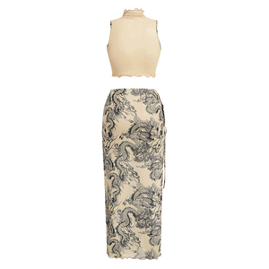 New Female Sleeveless Stand Collar Ankle-Length Digital Printed Navel <b>Sexy</b> Mesh Stitching Two-piece <b>Set</b> - Product Image 4