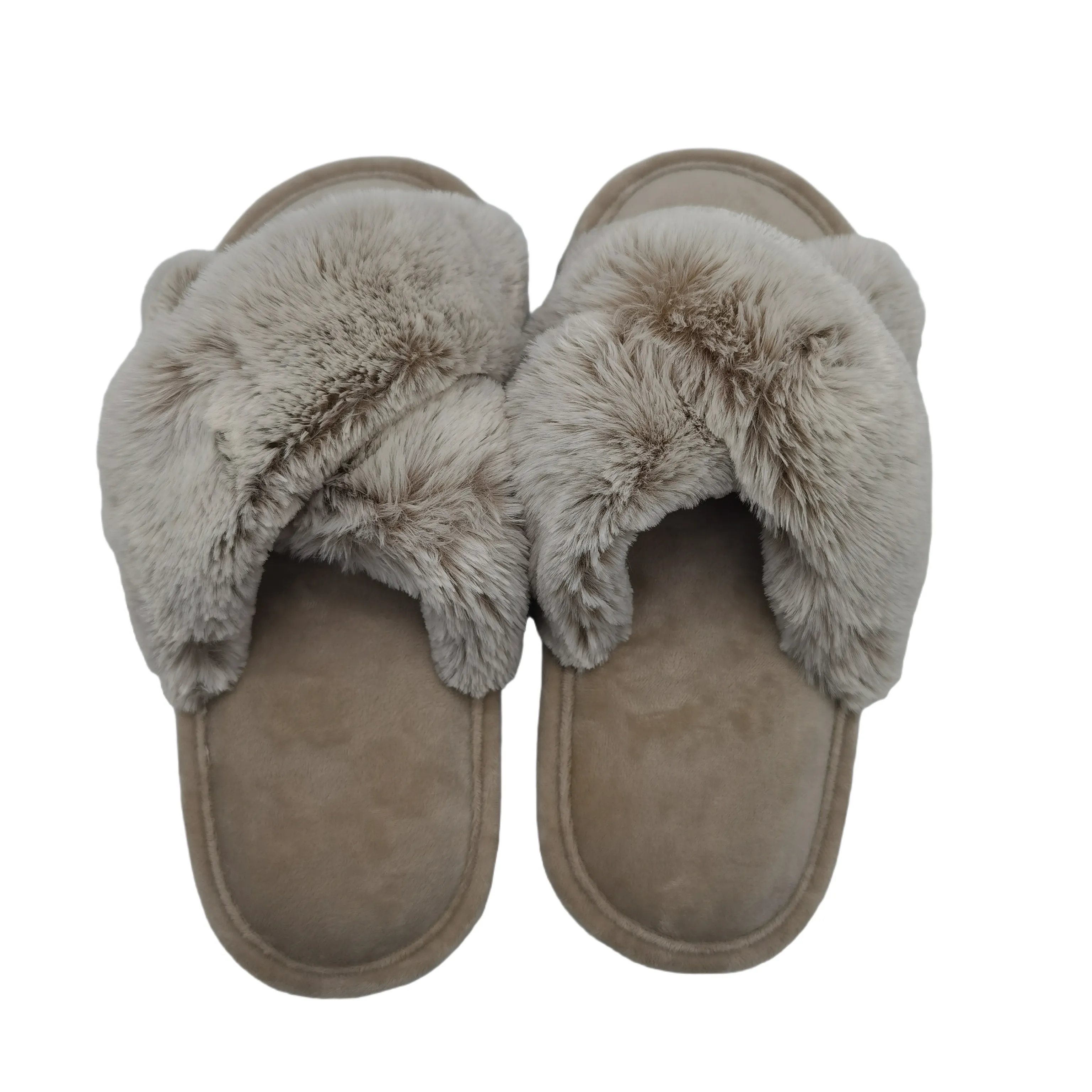 Customized Indoor Slippers Faux Fur Winter Plush Furry Cross Band Open Toe TPR Outsole Warm House Bedroom Slippers For Women