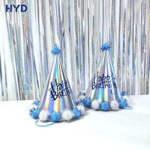Chapeaux de fête scintillants personnalisés 2026 style romance avec pompons en papier, chapeaux coniques bicolores avec boules dorées pour l'<span class=keywords><strong>anniversaire</strong></span> des enfants - Product Image 4