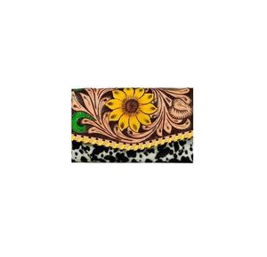Bolso de mano para mujer, hecho a mano, con diseño floral de girasol, en cuero genuino con pelo, de primera calidad, fabricado en India. - Product Image 1