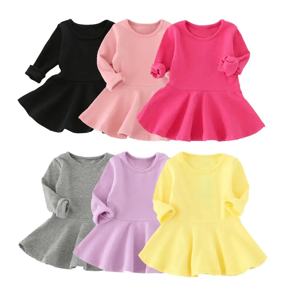 Toddler Baby Girls Long Sleeve Gray Pink Solid Color Knee Length A-line Casual Dress For Baby Girl