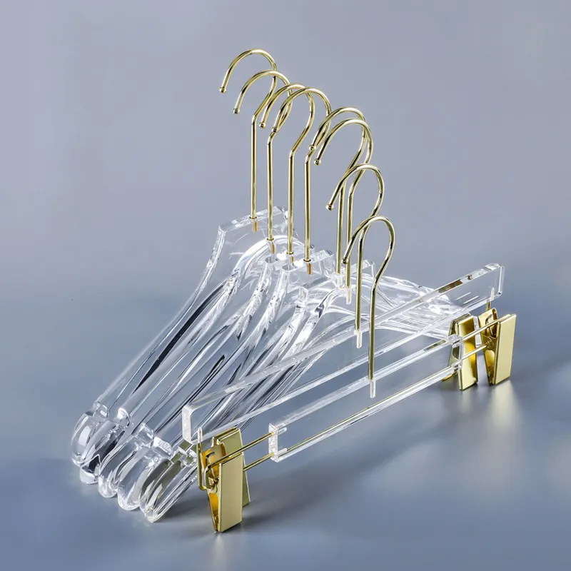 New Clothing Store Transparent Clear Rack Kleidung Kleider hose Acryl Kleiderbügel mit Gold haken