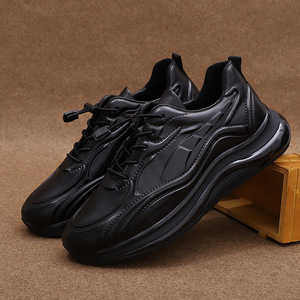 Chunky Shoes Genuine Leather Lace-up <b>Round</b> Toe Rubber Outsole EVA Midsole <b>Cushioned</b> Sporty Autumn Style Black - Product Image 1
