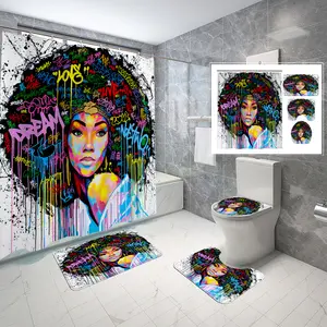 Il bagno a prova di acqua stampato digitale della tenda di doccia magica della ragazza nera di alta qualità mette 4 pezzi Decore