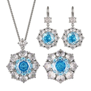 Fashion Eco-friendly Copper Bridal Jewelry Set Wholesale 14-10mm Blue Zircon Rose Cut Simple Round Pendant <b>Earrings</b> Rings Set - Product Image 1