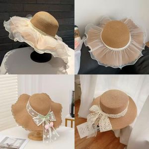Chapeau cloche réglable en paille <span class=keywords><strong>54</strong></span>-58 cm pour <span class=keywords><strong>femme</strong></span>, avec dentelle et volants, large bord, protection UV, pour la plage, le quotidien et les fêtes - Product Image 3