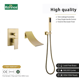 Grifo de Bañera Dorado Cepillado, Montaje Empotrado en Pared, Caño Curvo Tipo Cascada con Ducha de Mano, Monomando de Latón para Baño - Product Image 1