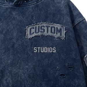 Tuta da uomo personalizzata in cotone pesante con cappuccio <span class=keywords><strong>termico</strong></span> in spugna, ricamo vintage, patch, lavaggio effetto strappato e strass 2ky - Product Image 3
