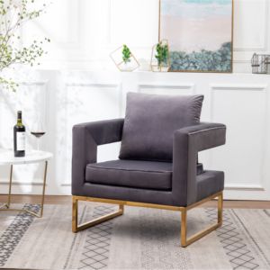 Fauteuil en velours gris, design moderne, pieds en métal, meubles de salon - Product Image 3