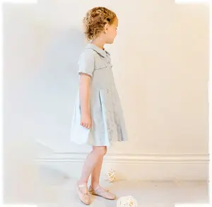 RTS מותאם אישית לוגו צווארון שמלת אורגני אוקספורד אלגנטי קפל Trims אור כחול קיץ ילדי 11 שנים באורך הברך שמלה