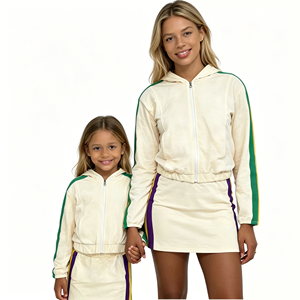 Mommy &amp; <strong>Me</strong> Matching Tracksuit Solid Color Side Stripe Zip Hoodie <strong>Mini</strong> Skirt Set Women Teen Kid Girl Family Matching <strong>Outfit</strong> - Product Image 1