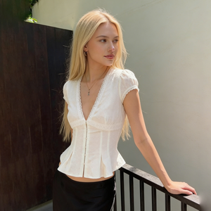 Jacquard Knit V Neck Button <b>Down</b> T Shirt Women Short Sleeve Slim Fit Top Textured Fabric Casual Elegant Versatile Summer Tee - Product Image 6