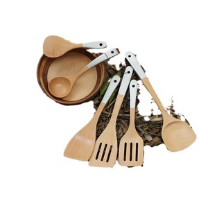 Juego de espátulas de madera de haya, 6 piezas, utensilios de cocina con mangos de metal para cocinar y servir - Product Image 4