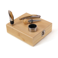 Lot de 4 Outils à Vin Modernes Écologiques en Acier Inoxydable et Bambou, Tire-Bouchon Automatique Carré avec Logo Gravé au Laser