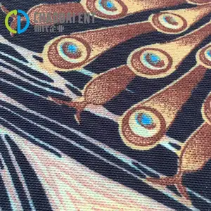 Tissu imprimé de plumes de paon de recyclage à armure toile 150D/3*10S 100% RPET pour vêtement