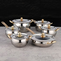 Ensemble de casseroles de luxe modernes en acier inoxydable, 12 pièces, avec poignées dorées, couvercles combinés, durables et faciles à nettoyer