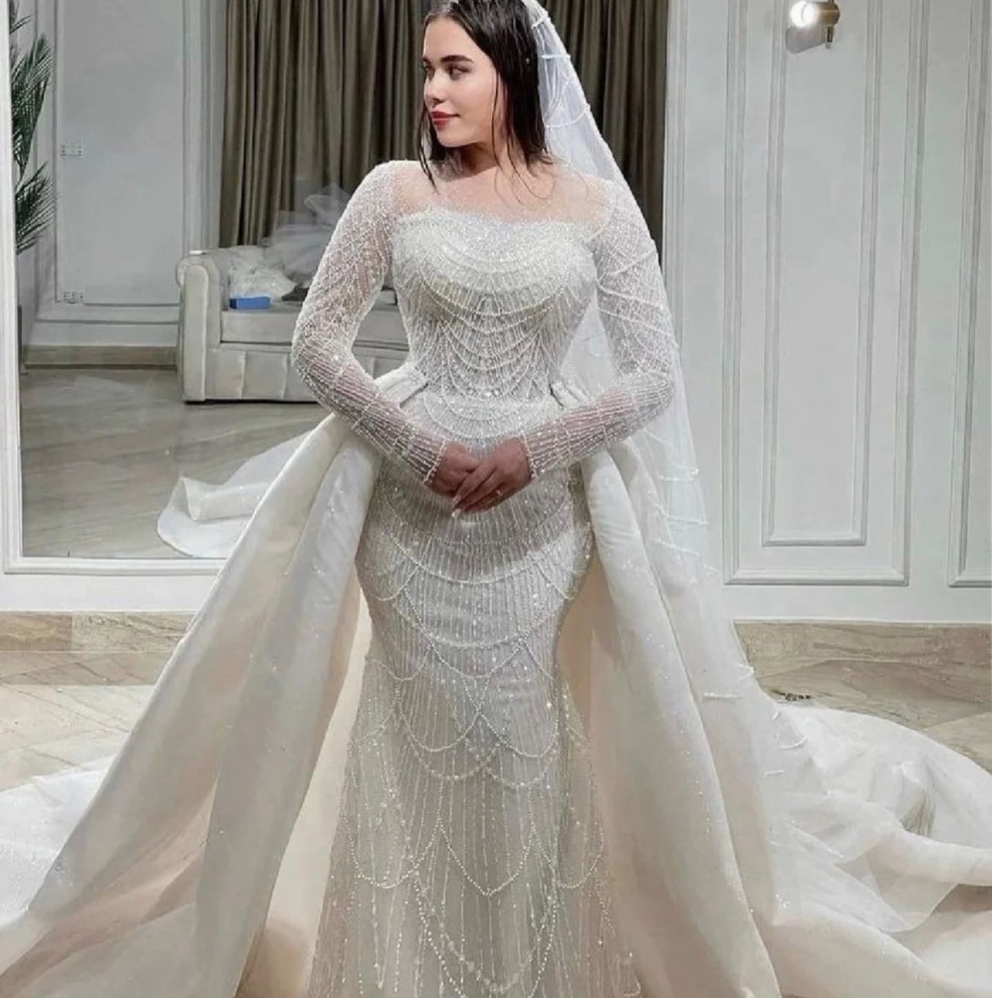 chinese dress ladies Tulle Lace Mermaid Beach Wedding Dresses With Detachable Train, MW899 main image 0