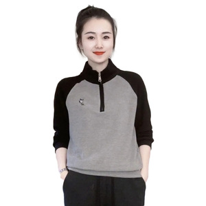 Women's Stand Collar Fleece Sweatshirt Gray Black Mustard Yellow Geometric Pattern Polyester Slim Fit Autumn Winter Top - Product Image 5