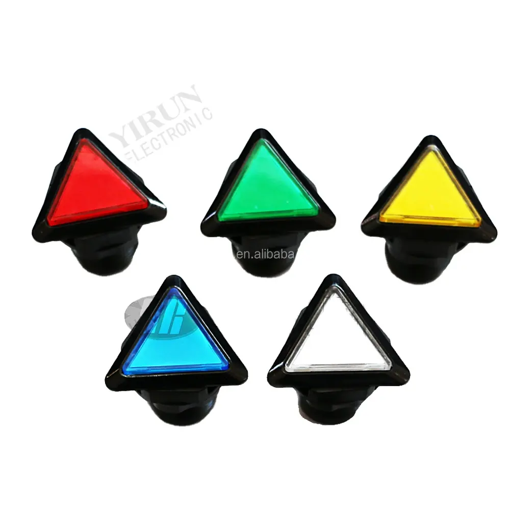 Game plastik Arcade segitiga Merah Kuning Biru Hijau putih warna LED tombol tekan listrik