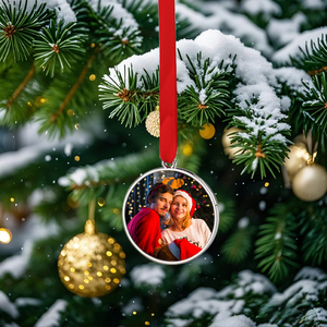 Christmas Tree Home Decoration Sublimation Metal Christmas <strong>Ornaments</strong> with <strong>Red</strong> Ribbon - Product Image 1
