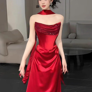 Red Satin Strapless Rhinestone Evening Gown Empire Waistline For Coming Of Age Ceremony - Product Image 4