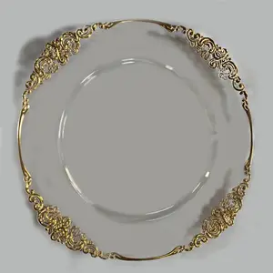 Placas de carregador de plástico transparente com acabamento padronizado para casamento, ouro ou prata, novo design