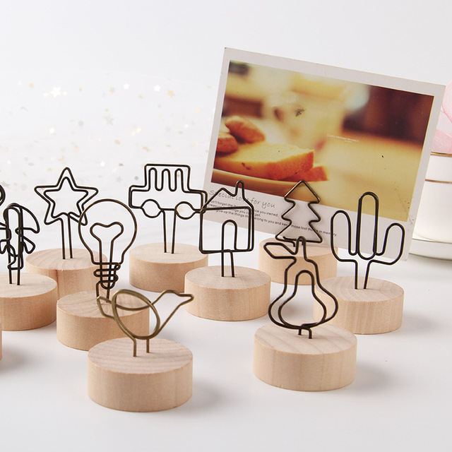 Vintage Wooden Photo Holder, Cute Wire Memo Clip for Desk Decor, Mini Name Card Stand for Office & Home, Bulk Available