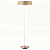 Lampe sur pied moderne à effet bois, finition or rose, avec base ronde en métal, design minimaliste pour salon