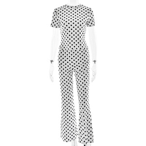 Conjunto de Dos Piezas para Mujer con Estampado de Lunares, Pantalones Acampanados Casuales, Cuello Redondo, Manga Corta, Tejido Transpirable de Poliéster - Product Image 5