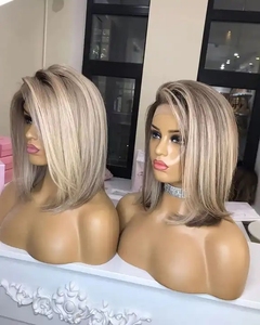 Peluca de Cabello con Clip, Color Rubio Ceniza con Reflejos, Corte <span class=keywords><strong>Bob</strong></span> Corto, Cabello Virgen Ruso con Cutícula Alineada, Pelucas con Frente de Encaje Transparente para Mujeres Blancas - Product Image 3