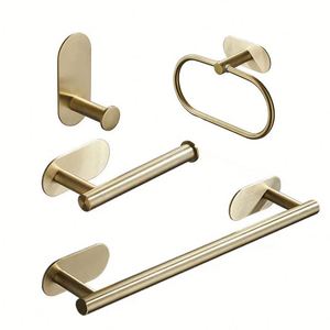 Lot de 4 accessoires de salle de bain en acier inoxydable noir et or : barre de douche, anneau porte-serviette, crochet, porte-papier, barre porte-serviette, ensemble noir pour la maison - Product Image 1
