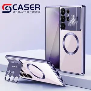 Lente de ventana grande Soporte de aromaterapia Funda para teléfono móvil Fundas de teléfono de metal magnético transparente para Samsung S24ultra