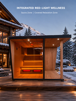 NIKMATI Ruangan Sauna Kubus Tradisional Luar Ruangan dari Kayu Cedar Merah Solid, Uap Basah, Kapasitas 2-4 Orang, Tungku Sauna 6kW, Kaca Panoramic