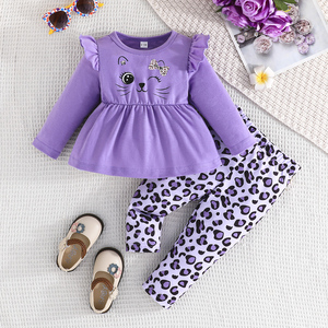 Ropa Infantil para Niña, Primavera-Otoño, Blusa con Estampado de Cara Sonriente y Mangas con Volantes, Pantalones Casuales, Conjunto Sencillo para el Día a Día - Product Image 1