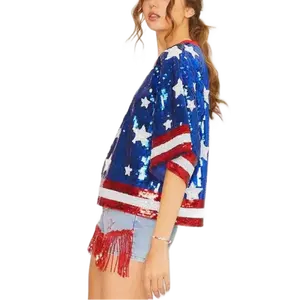 Wingtu Custom Private Label July 4e Ronde Hals Korte Mouw Ster Print Lovertjes Crop Top Voor Dames