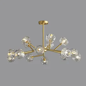 Lámpara colgante de techo rústica nórdica personalizada de fábrica, luz colgante dorada, candelabro moderno de rama de árbol de cristal