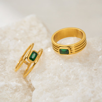 Dazan New HOT INS Trendy 18k PVD Plaqué Or Acier Inoxydable Vintage Poli Carré Vert Zircon Minuscule Double Dame Anneau