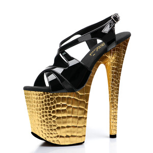 Sandalias de Tacón Grueso con Textura de Cocodrilo para Mujer, 20 cm, 8 Pulgadas, Negras Brillantes, Punta Abierta, Plataforma, para Espectáculos, <span class=keywords><strong>Pasarela</strong></span>, Moda - Product Image 1
