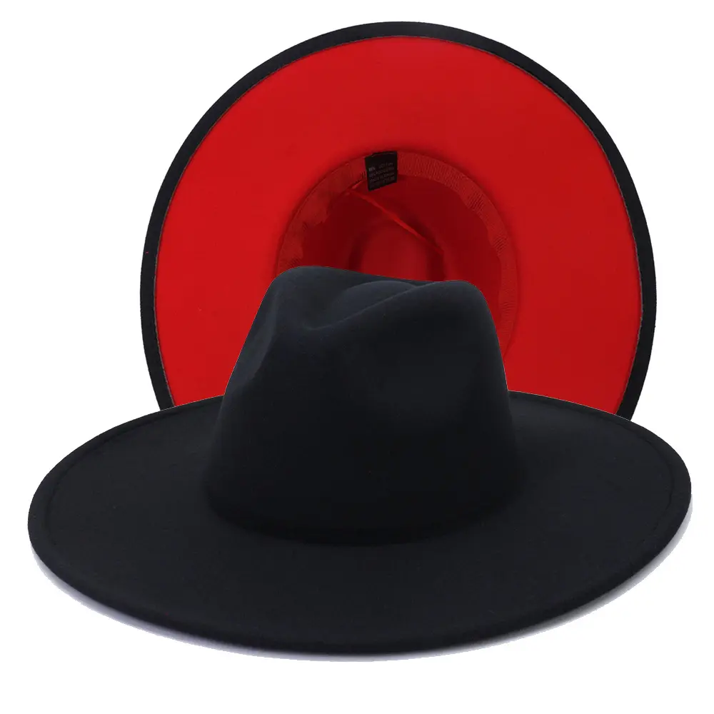 Kustom 2024 musim gugur musim dingin baru dua warna sisi mode merah bawah 9.5cm tepi lebar topi Fedora untuk wanita pria gaun pesta