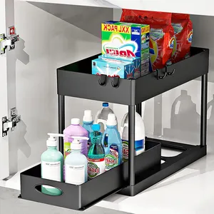Двухуровневый многоцелевой раздвижной шкаф, ящик для корзин под раковиной, органайзеры для хранения, черные держатели для хранения и пластиковые стойки ABS