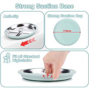 Assiette à dîner en acier inoxydable pour bébé avec ventouse, trois compartiments, pour enfants de 1 à 2 ans, plateau d'alimentation rose, blanc crème, marron boue - Product Image 3