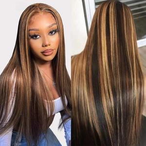 Parrucca Liscia con Highlights in <span class=keywords><strong>Veri</strong></span> <span class=keywords><strong>Capelli</strong></span> Umani, Parrucca con Pizzo Trasparente 13x4, <span class=keywords><strong>Parrucche</strong></span> Frontali <span class=keywords><strong>Colorate</strong></span> Ombre Biondo Miele per Donne di Colore - Product Image 1